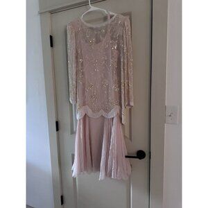 Vintage 80s Sylvia Ann Pink 100% Silk  Evening Dress Gown Sequin Hand beaded